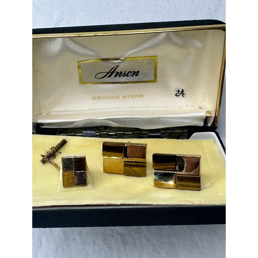 Anson Cufflinks Tie Tack Set Tigers Eye Gold Tone Brown Rectangle Boxed VTG